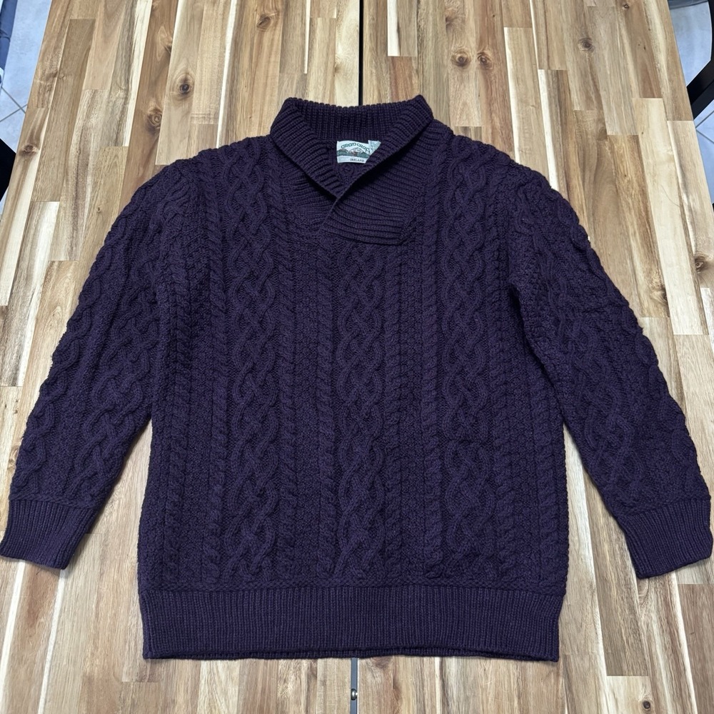 Aran Crafts Sweater Mens L Purple Shawl Collar Merino Wool Cable Knit Ireland